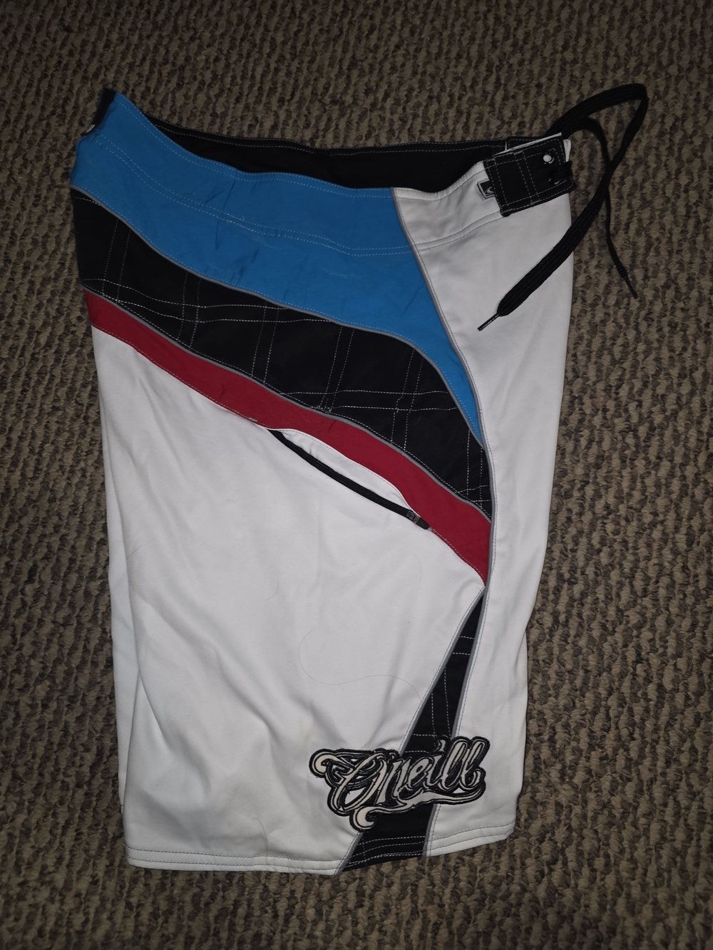 O'Neill White Boardshorts with Blue, Black & Red Panels